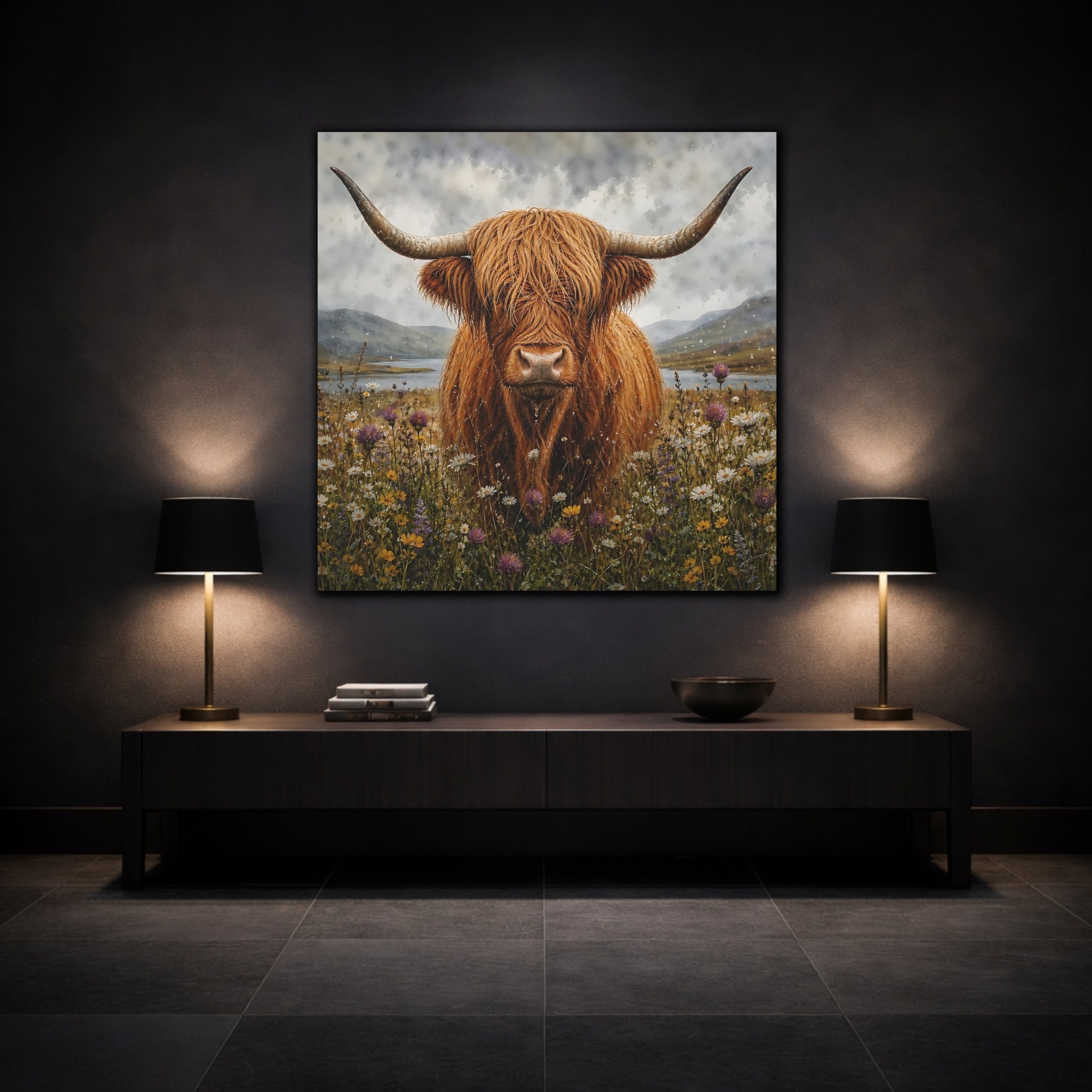 Mockup 3. Animals Highland Cow Brown Highland Cow shown as stretched canvas wall art