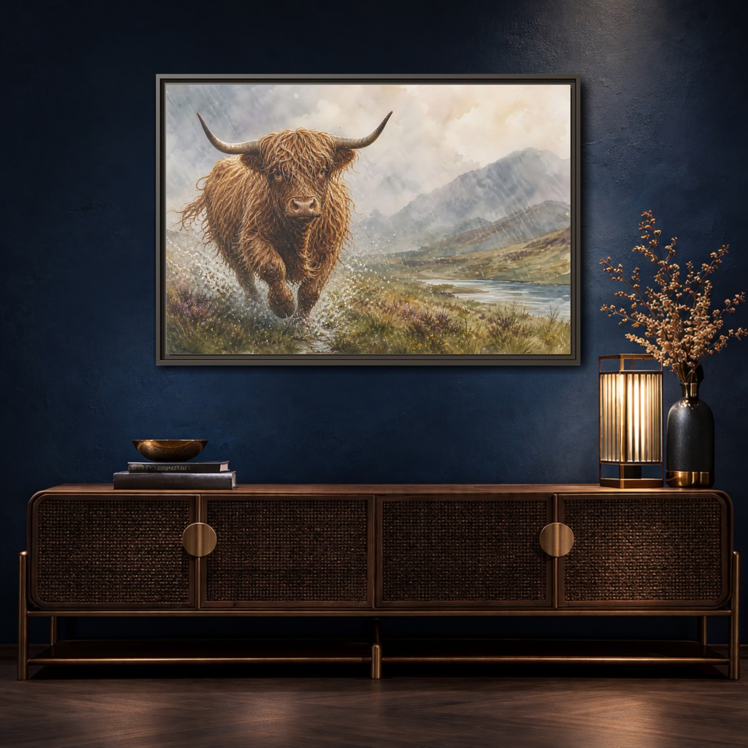 Mockup 4. Animals Highland Cow Brown Highland Cow shown as stretched canvas wall art