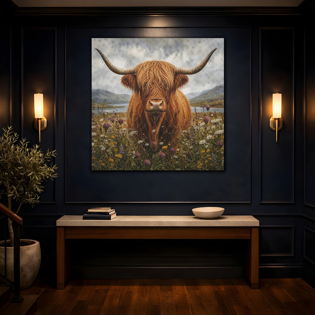 Mockup 4. Animals Highland Cow Brown Highland Cow shown as stretched canvas wall art