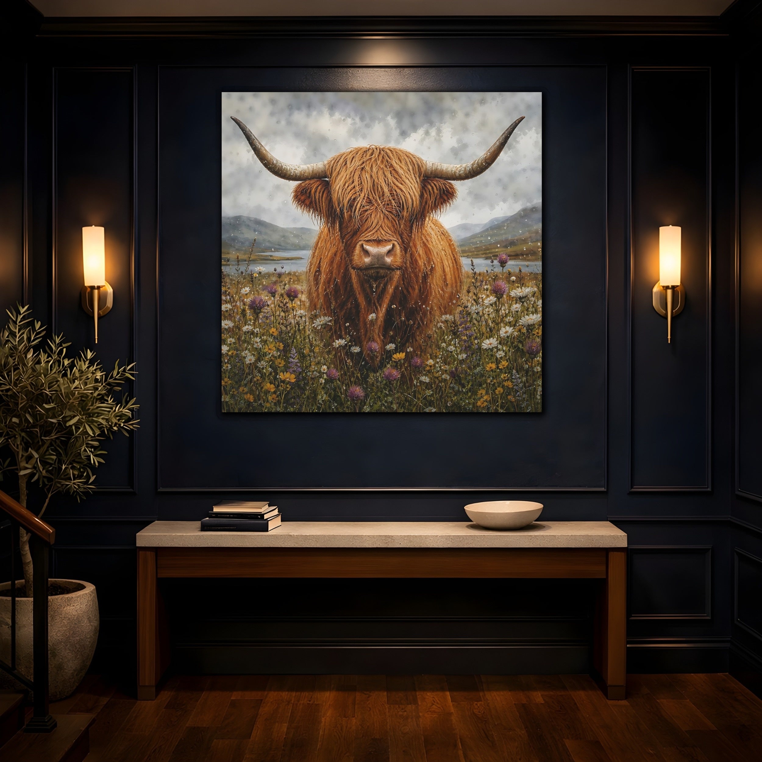 Mockup 4. Animals Highland Cow Brown Highland Cow shown as stretched canvas wall art