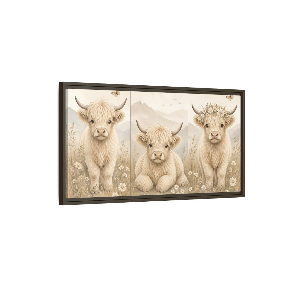 Main Mockup. Animals Highland Cow Cream Beige shown as stretched canvas wall art