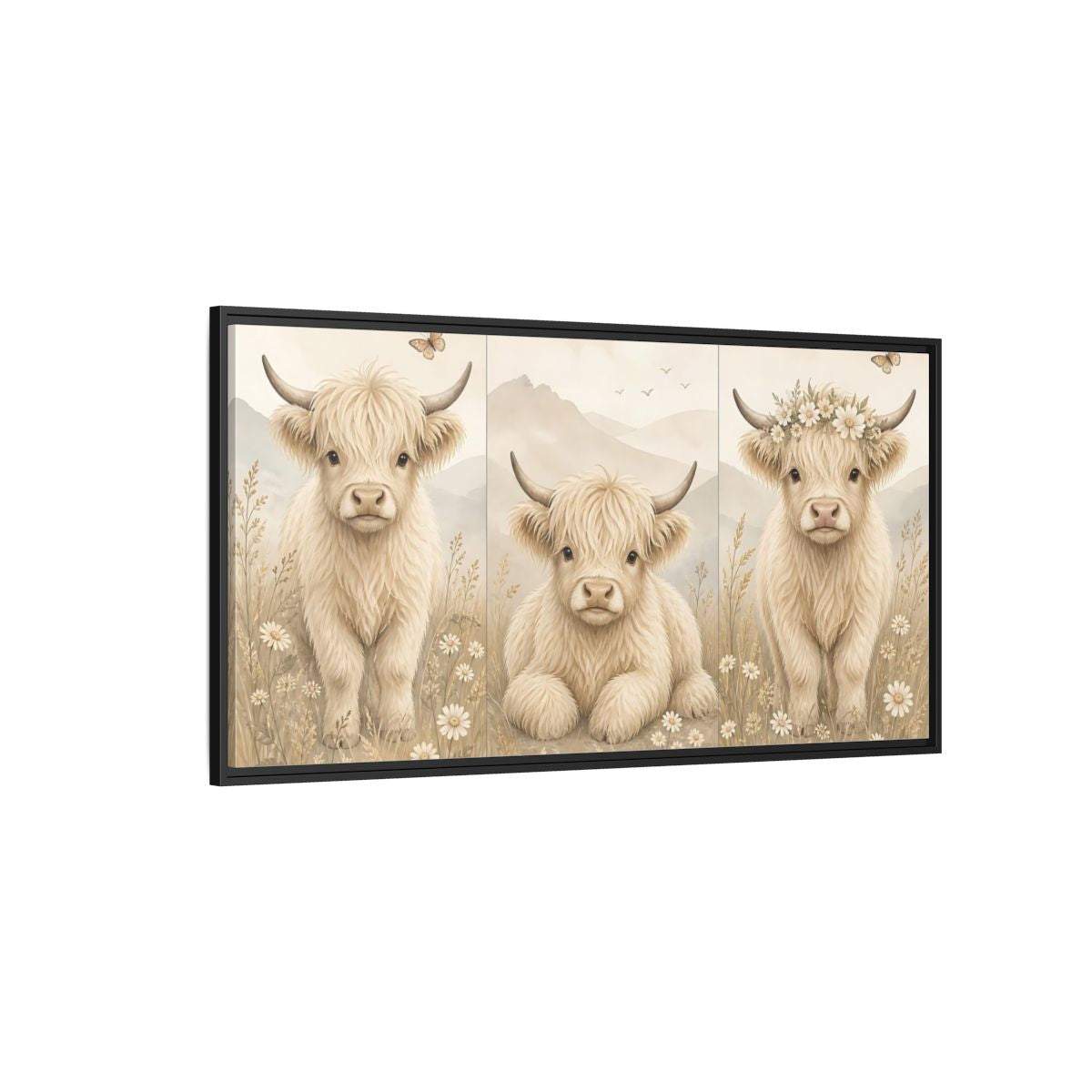 Side Mockup 5. Animals Highland Cow Cream Beige shown as stretched canvas wall art