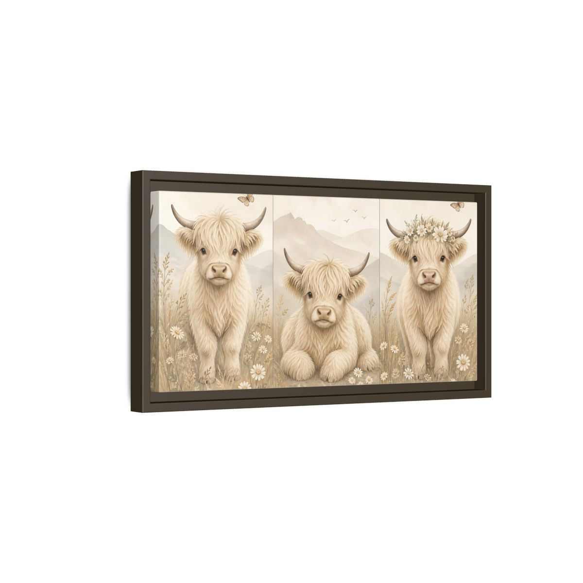 Side Mockup 7. Animals Highland Cow Cream Beige shown as stretched canvas wall art