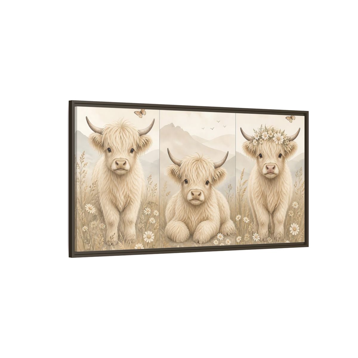 Side Mockup 4. Animals Highland Cow Cream Beige shown as stretched canvas wall art
