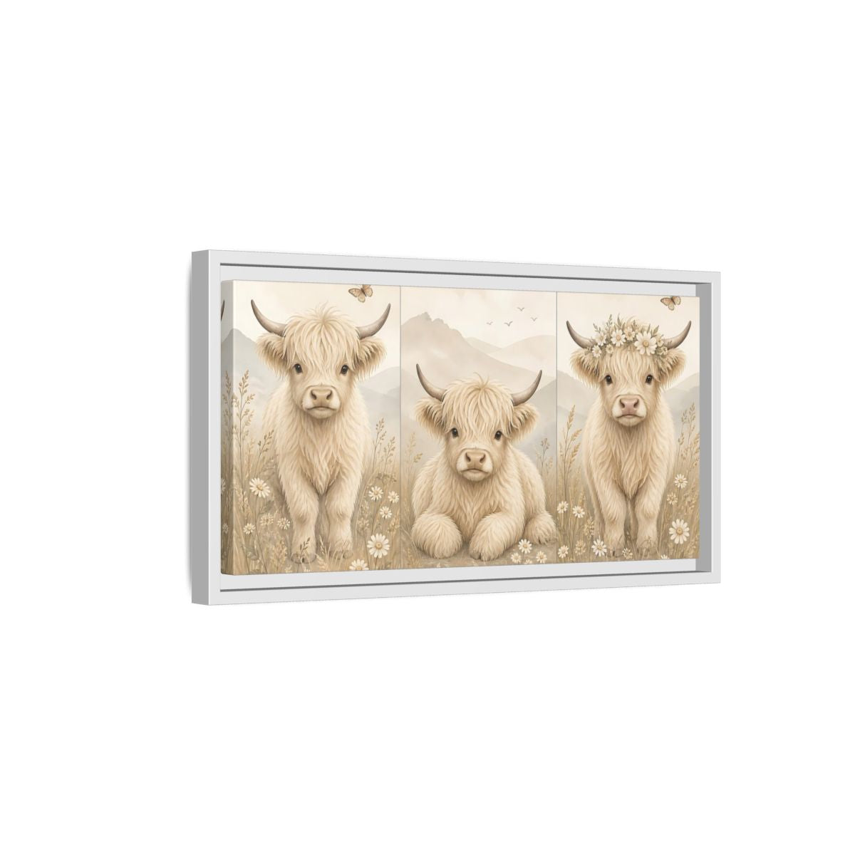 Side Mockup 6. Animals Highland Cow Cream Beige shown as stretched canvas wall art