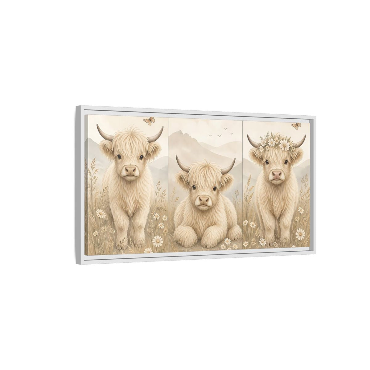 Side Mockup 1. Animals Highland Cow Cream Beige shown as stretched canvas wall art