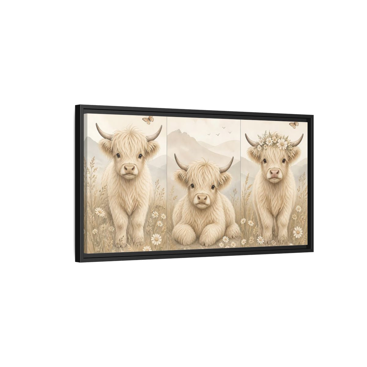 Side Mockup 2. Animals Highland Cow Cream Beige shown as stretched canvas wall art