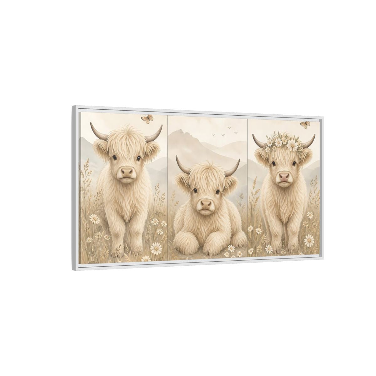 Side Mockup 3. Animals Highland Cow Cream Beige shown as stretched canvas wall art