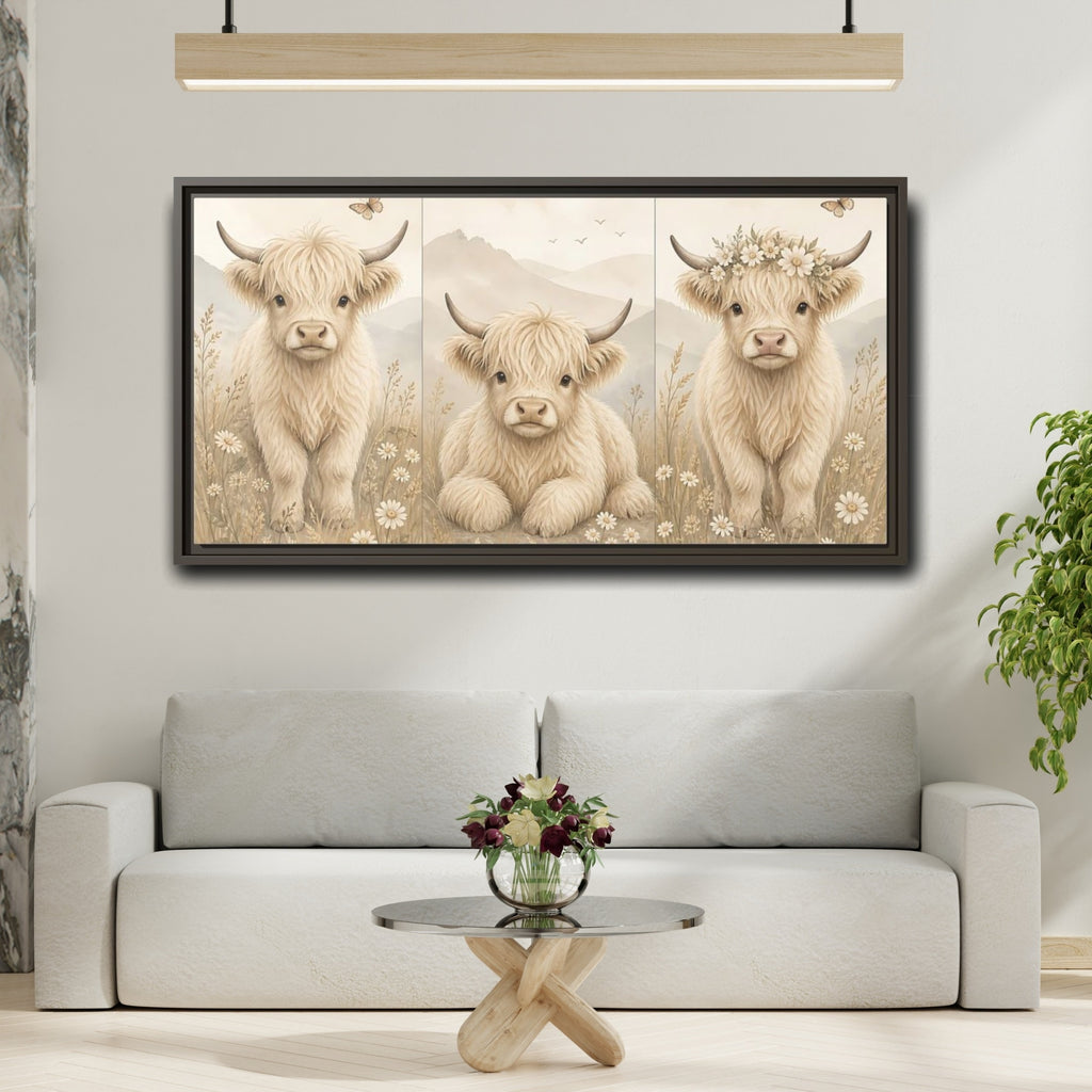 Mockup 2. Animals Highland Cow Cream Beige shown as stretched canvas wall art