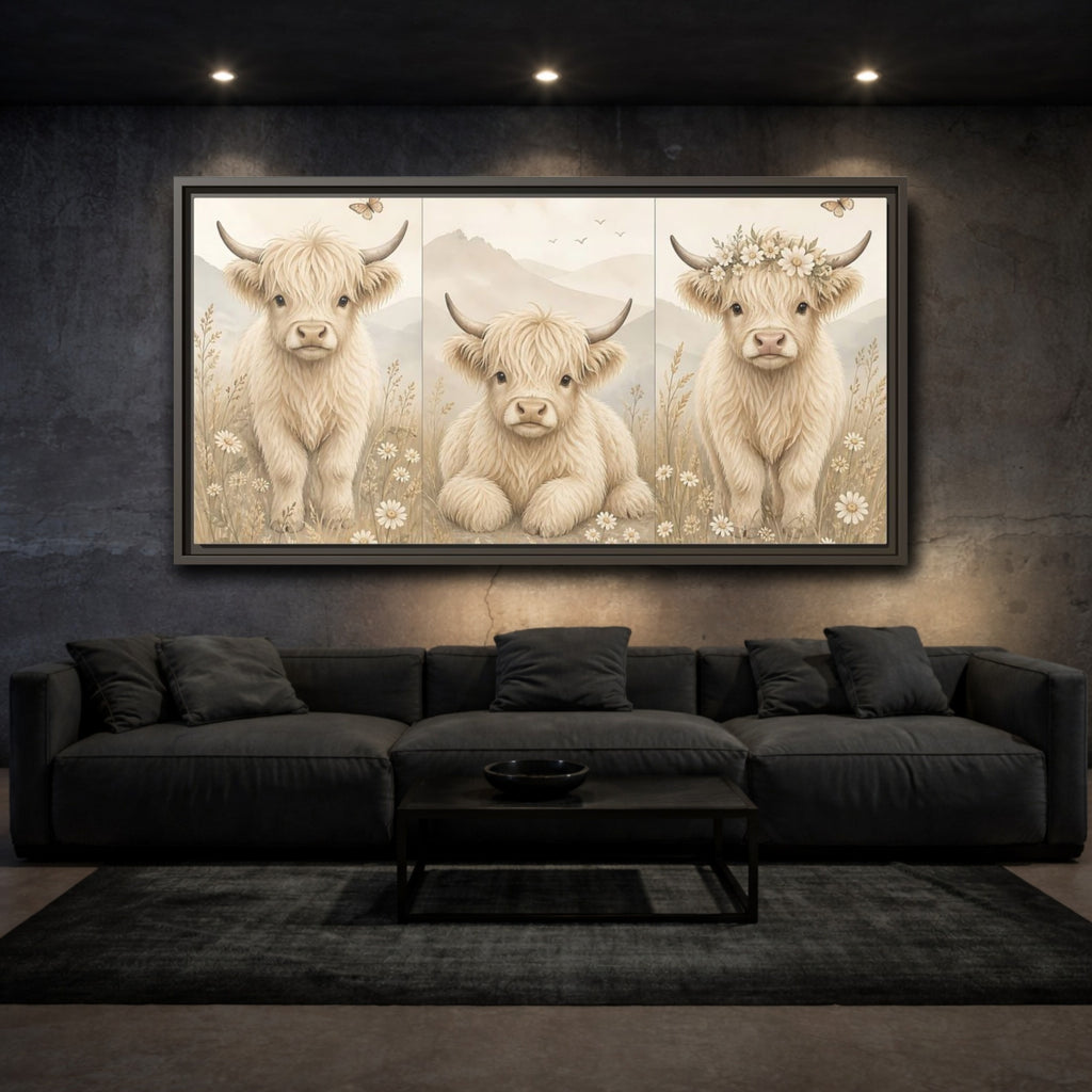 Mockup 3. Animals Highland Cow Cream Beige shown as stretched canvas wall art