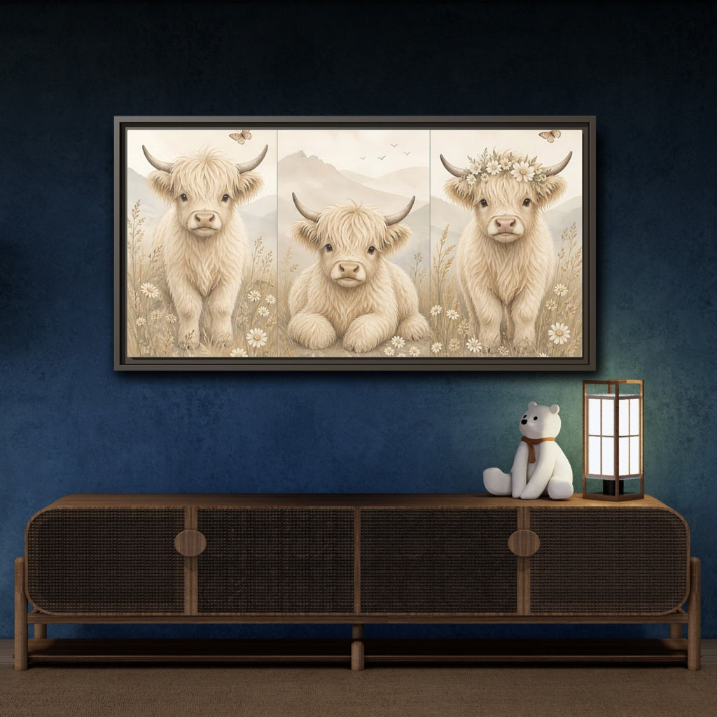 Mockup 4. Animals Highland Cow Cream Beige shown as stretched canvas wall art