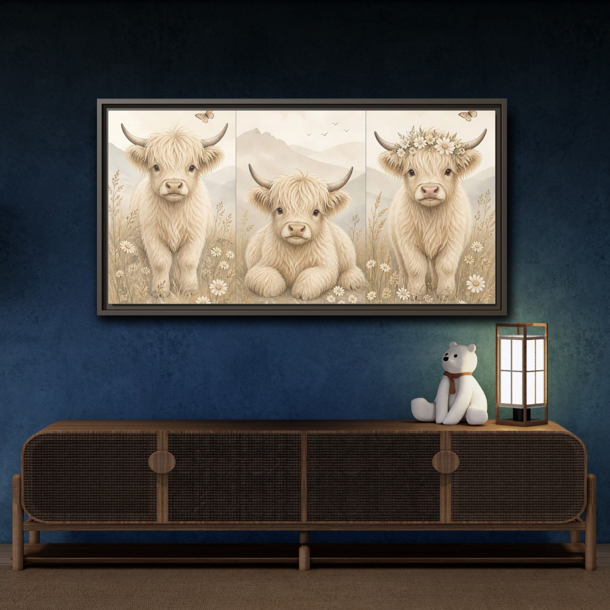 Mockup 4. Animals Highland Cow Cream Beige shown as stretched canvas wall art