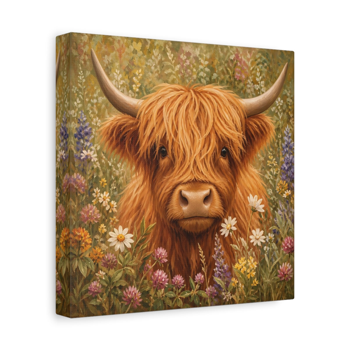 Side Mockup 9. Animals Highland Cow Highland Cow Floral shown as stretched canvas wall art
