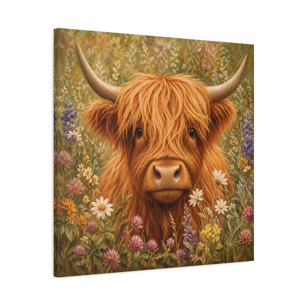 Side Mockup 3. Animals Highland Cow Highland Cow Floral shown as stretched canvas wall art
