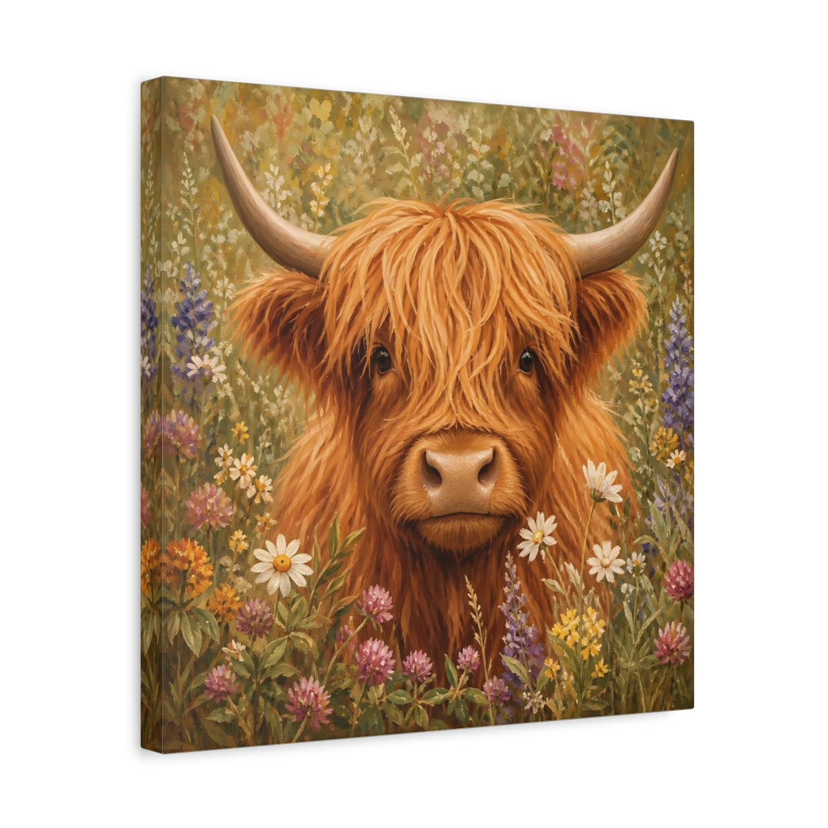 Side Mockup 6. Animals Highland Cow Highland Cow Floral shown as stretched canvas wall art