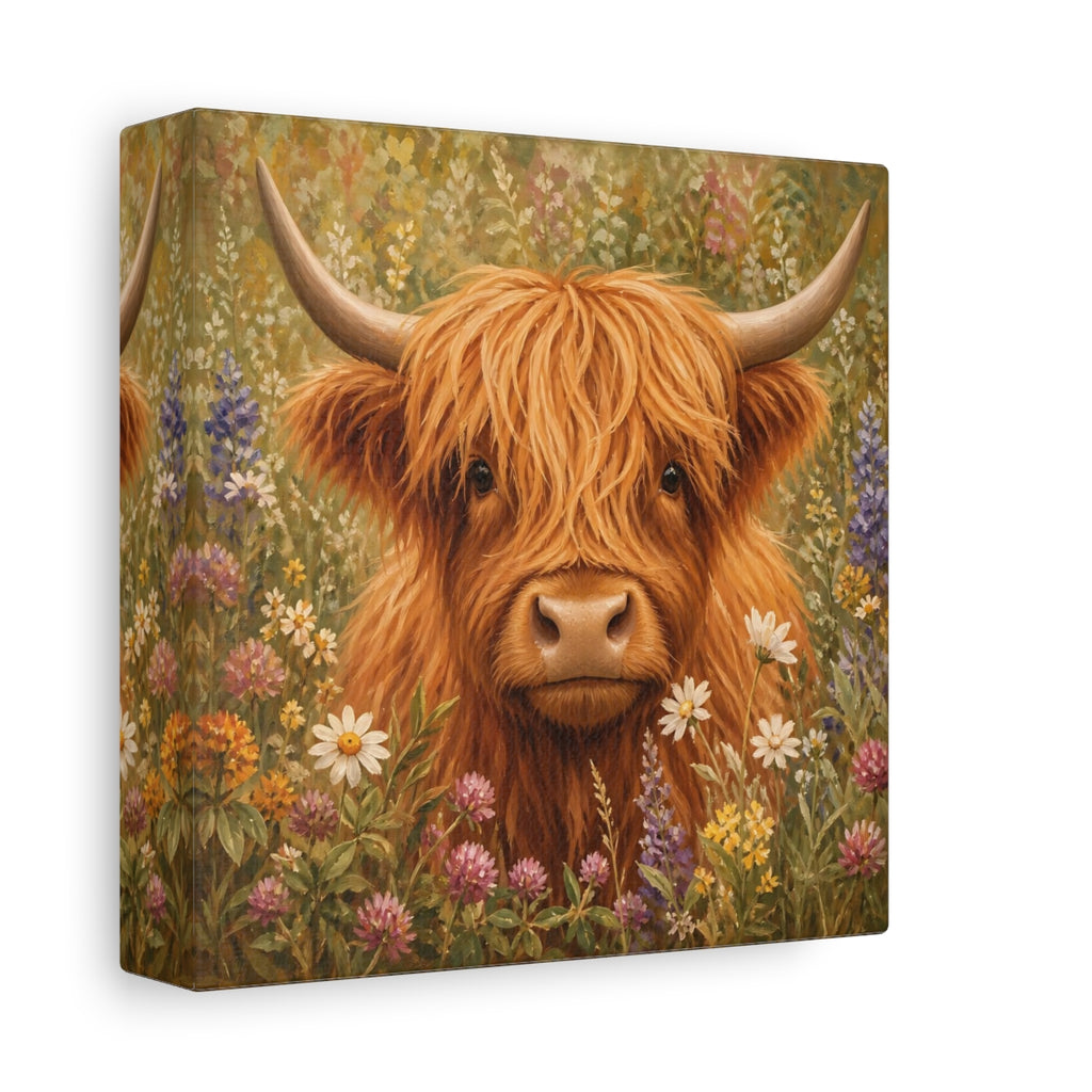 Side Mockup 2. Animals Highland Cow Highland Cow Floral shown as stretched canvas wall art