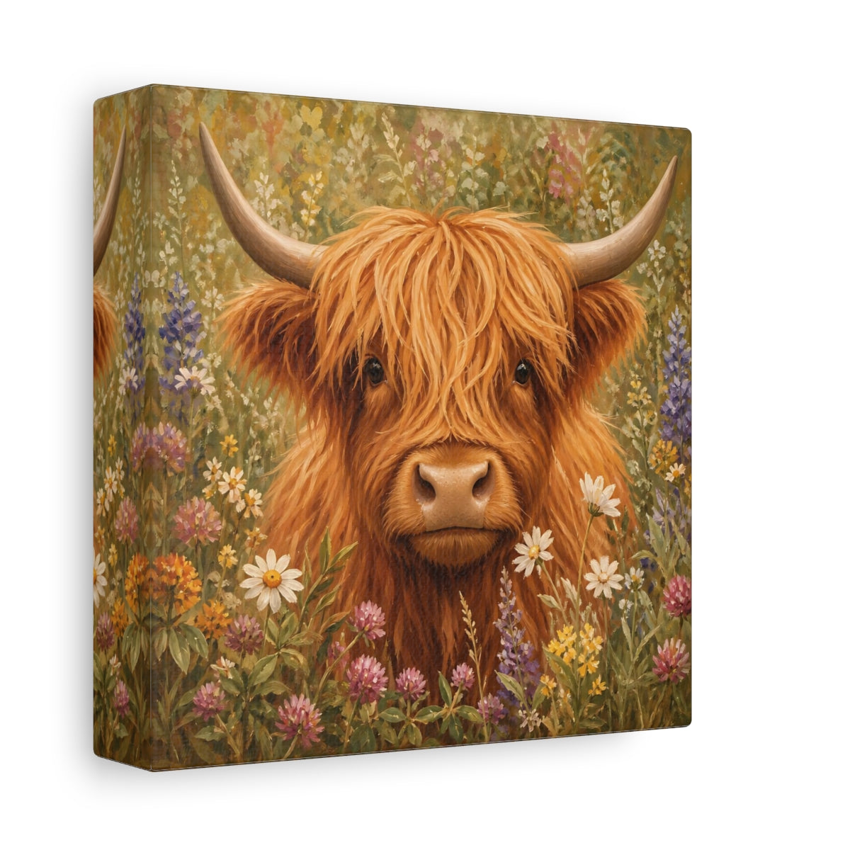 Side Mockup 2. Animals Highland Cow Highland Cow Floral shown as stretched canvas wall art