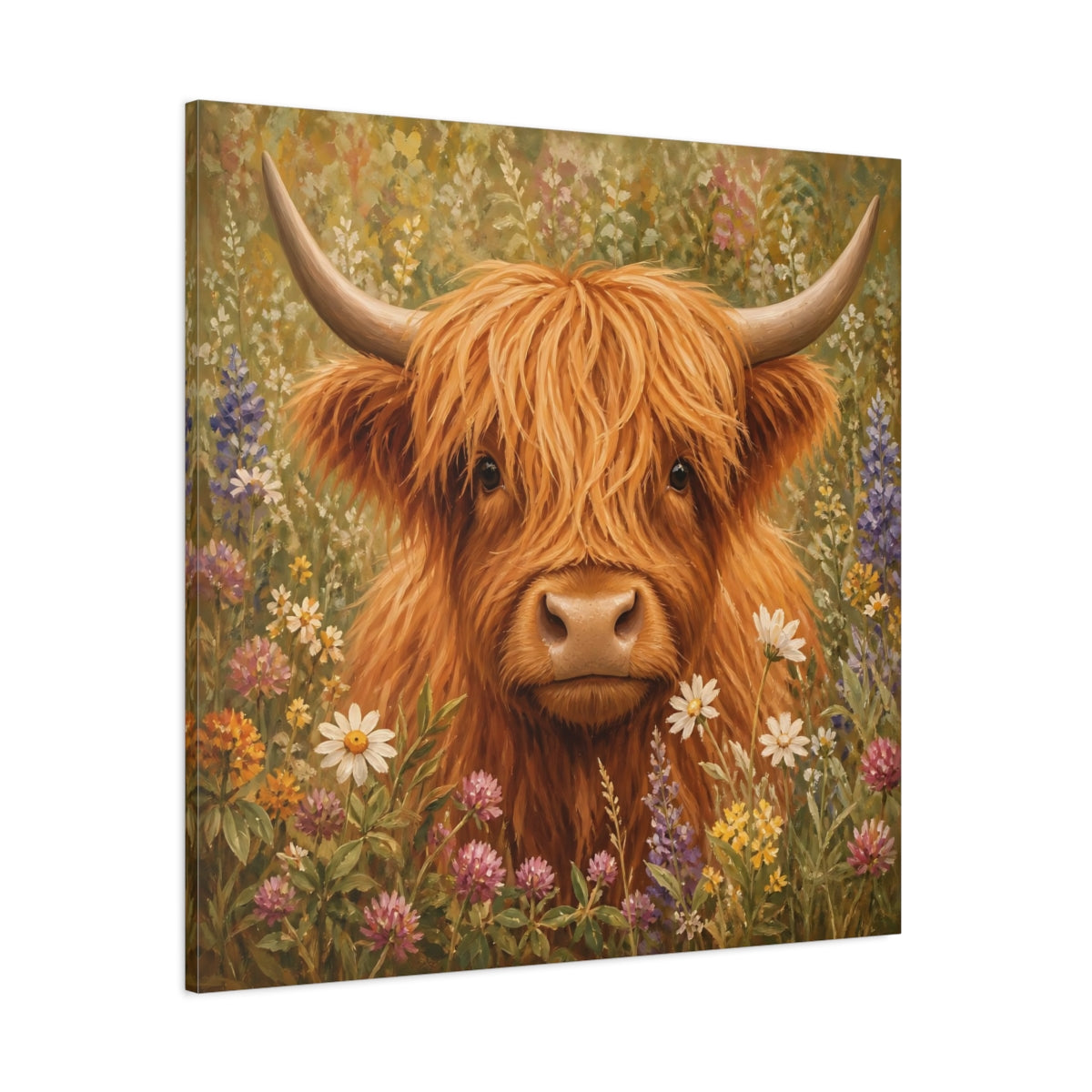 Side Mockup 1. Animals Highland Cow Highland Cow Floral shown as stretched canvas wall art