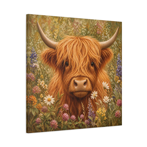 Main Mockup. Animals Highland Cow Highland Cow Floral shown as stretched canvas wall art