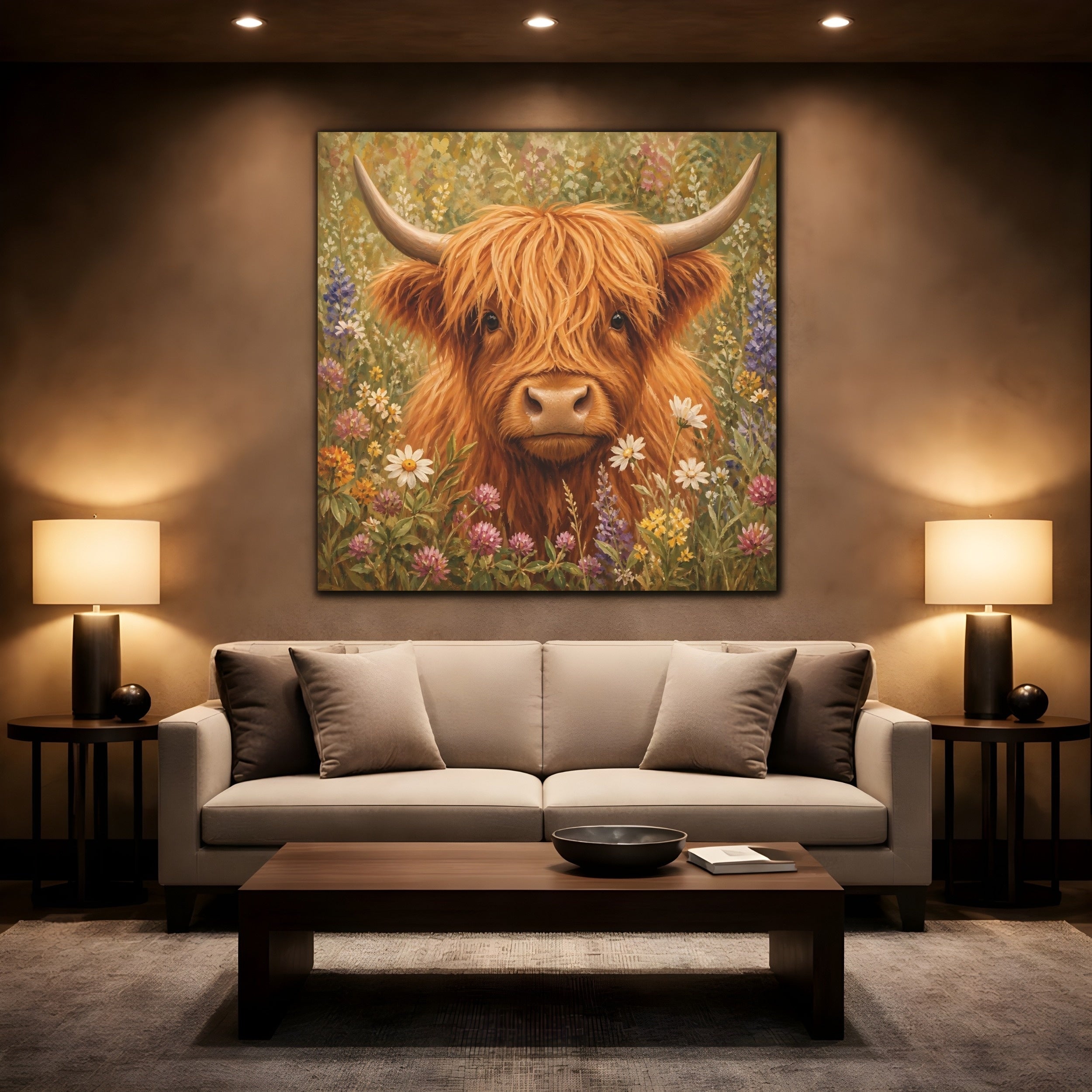 Mockup 2. Animals Highland Cow Highland Cow Floral shown as stretched canvas wall art