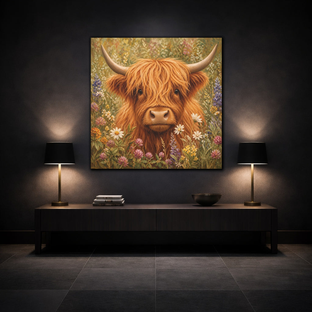 Mockup 3. Animals Highland Cow Highland Cow Floral shown as stretched canvas wall art