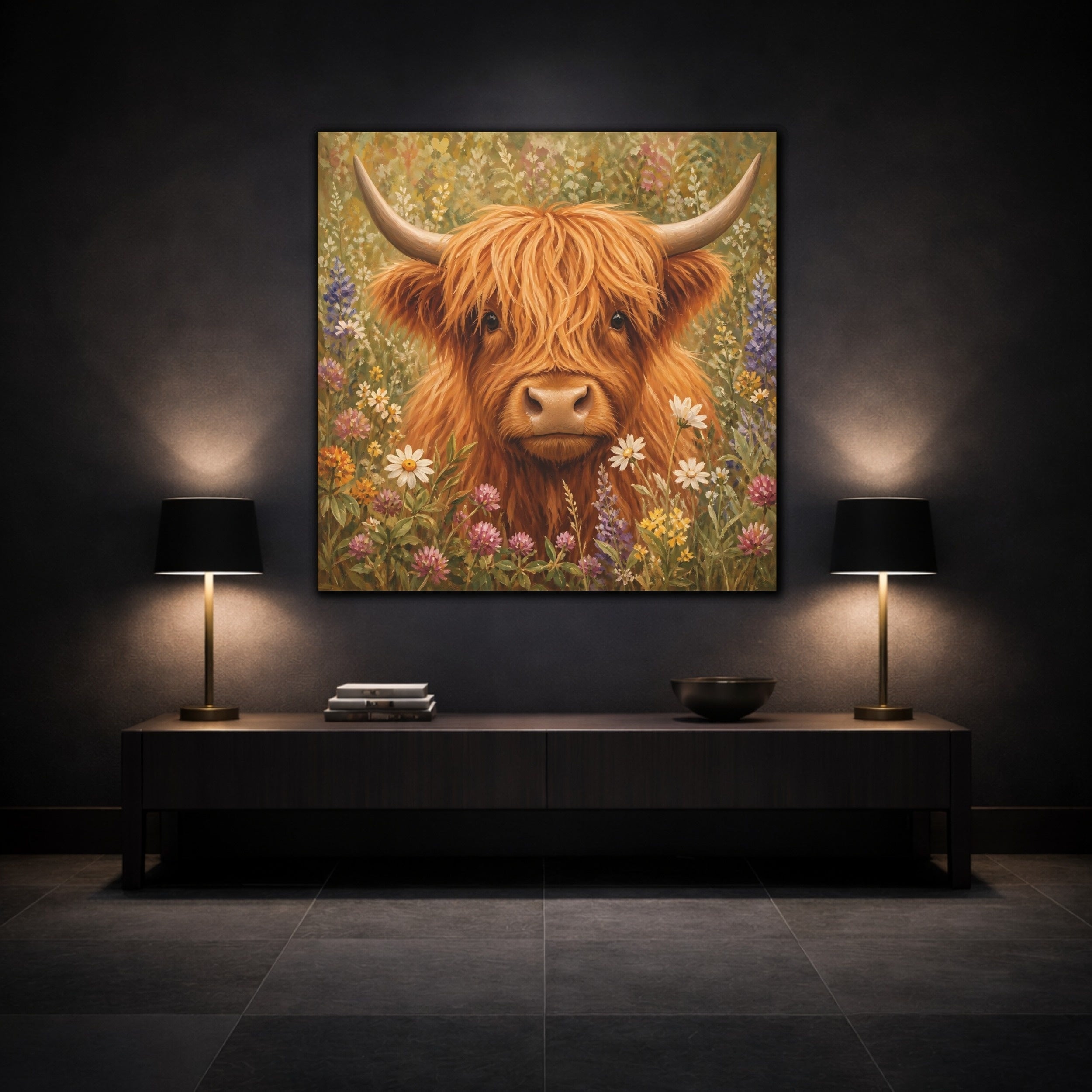 Mockup 3. Animals Highland Cow Highland Cow Floral shown as stretched canvas wall art