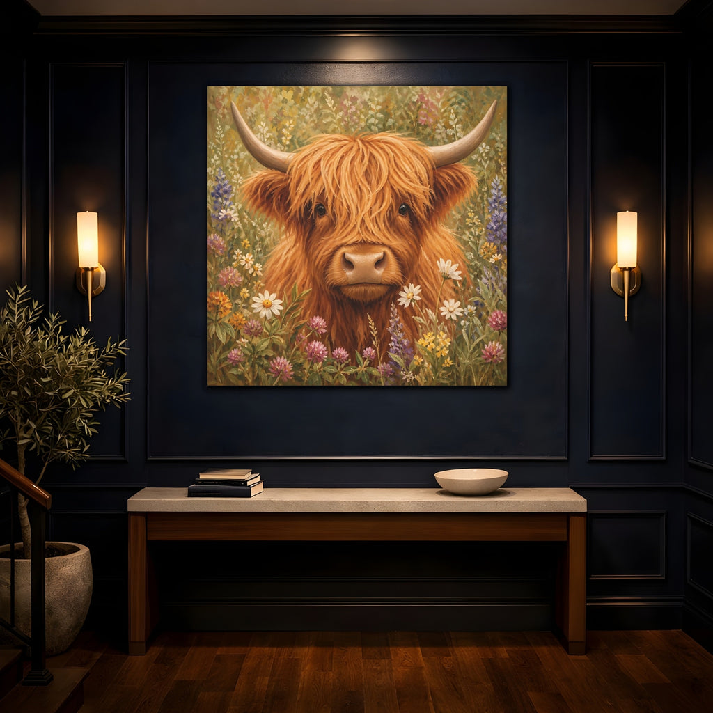 Mockup 4. Animals Highland Cow Highland Cow Floral shown as stretched canvas wall art