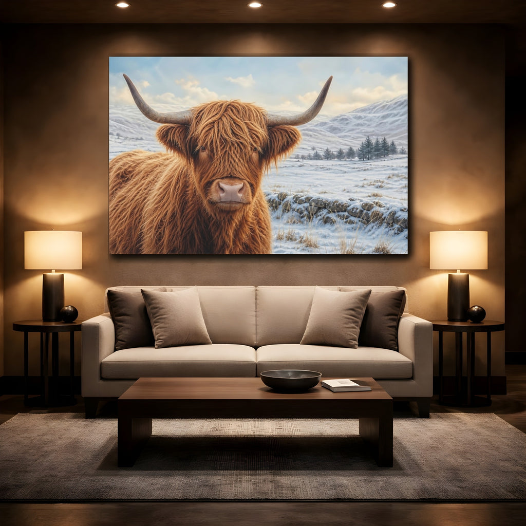 Mockup 2. Animals Highland Cow Highland Cow Winter shown as canvas print