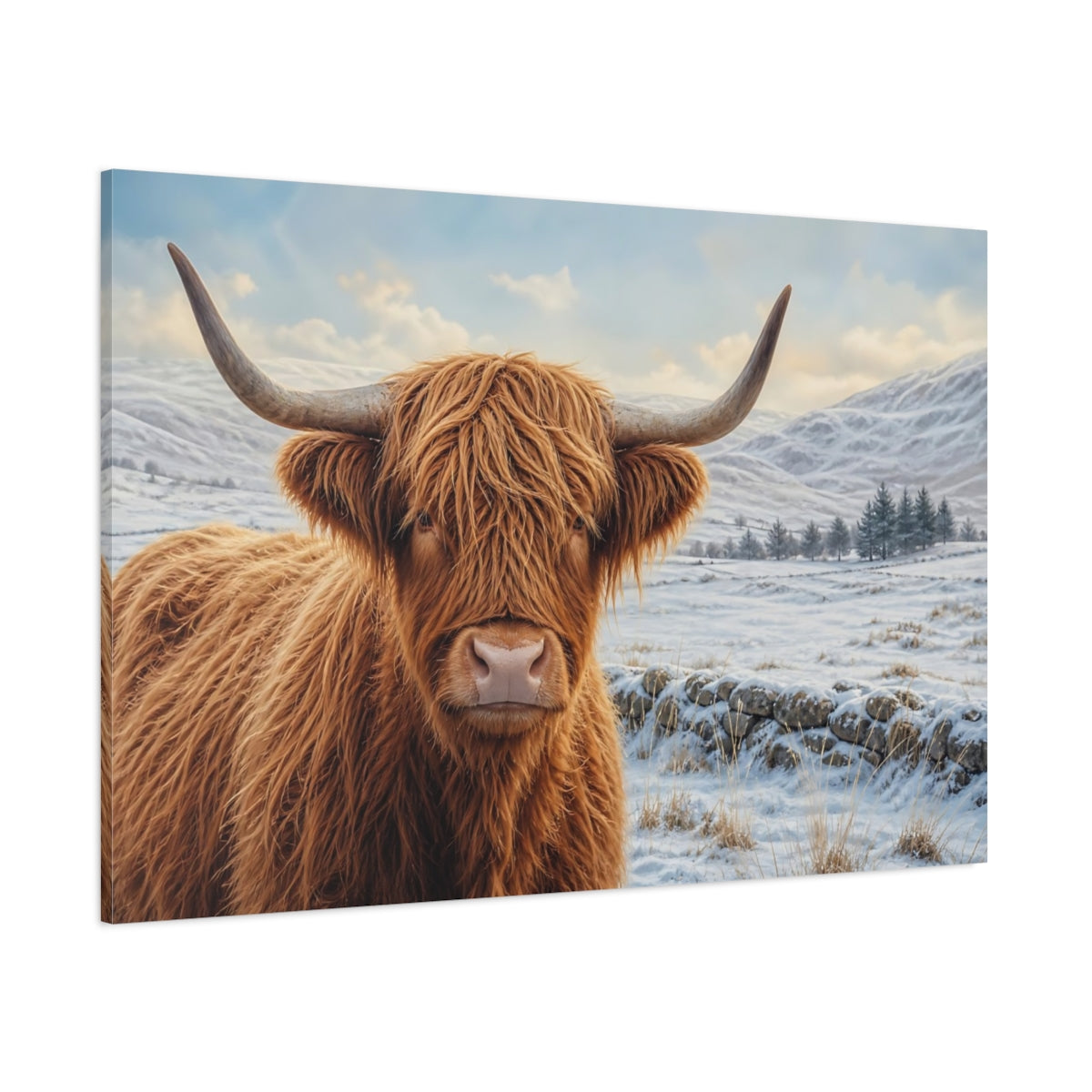 Side Mockup 1. Animals Highland Cow Highland Cow Winter shown as canvas print