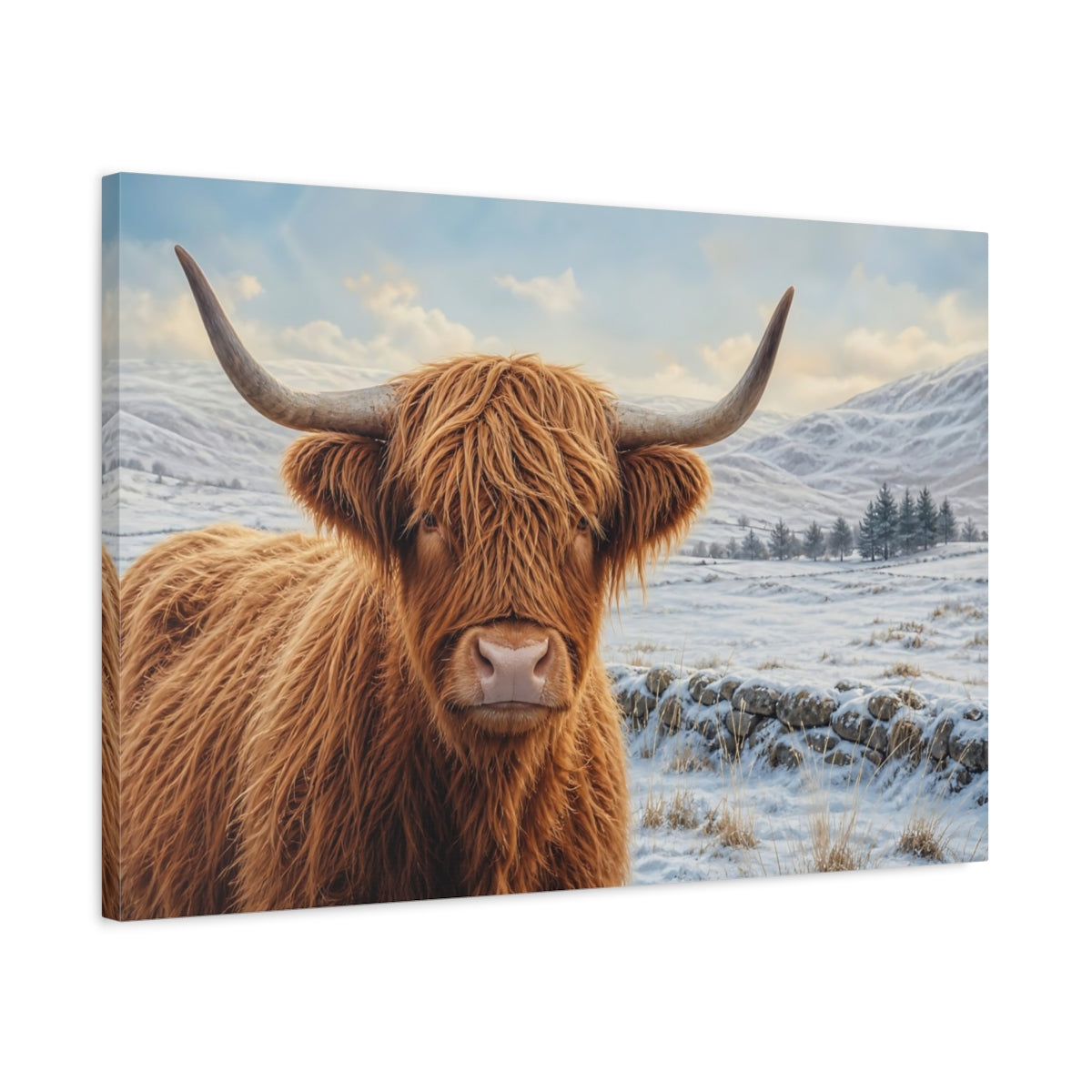 Side Mockup 2. Animals Highland Cow Highland Cow Winter shown as canvas print