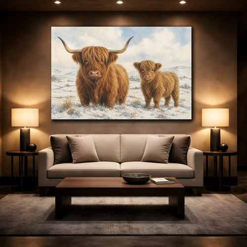 Mockup 2. Animals Highland Cows Brown Highland Cows shown as canvas print