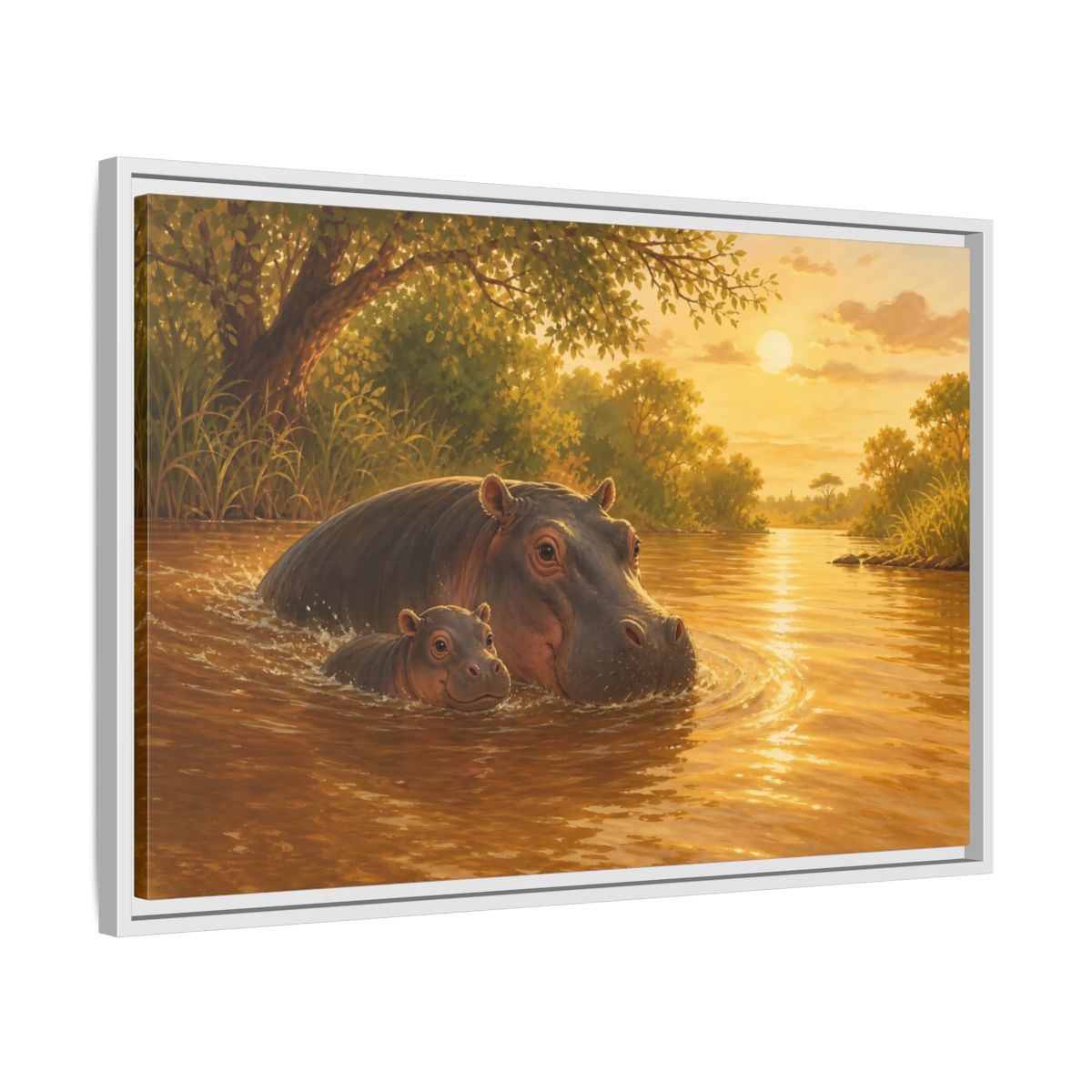 Side Mockup 10. Animals Hippos Golden Hippos shown as stretched canvas wall art