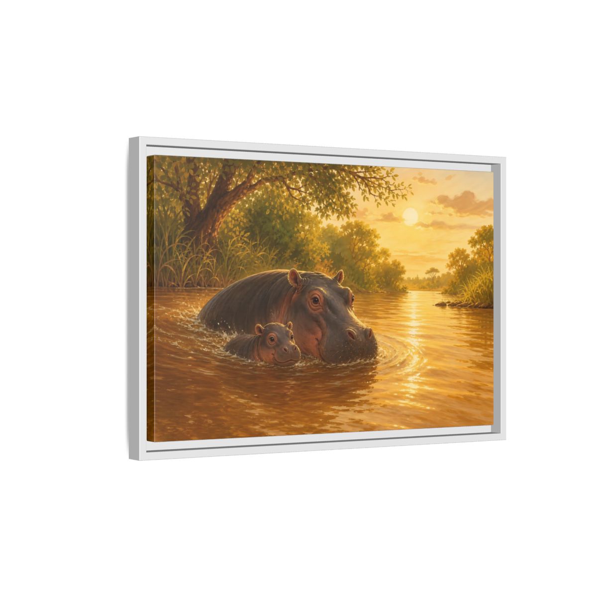 Side Mockup 1. Animals Hippos Golden Hippos shown as stretched canvas wall art