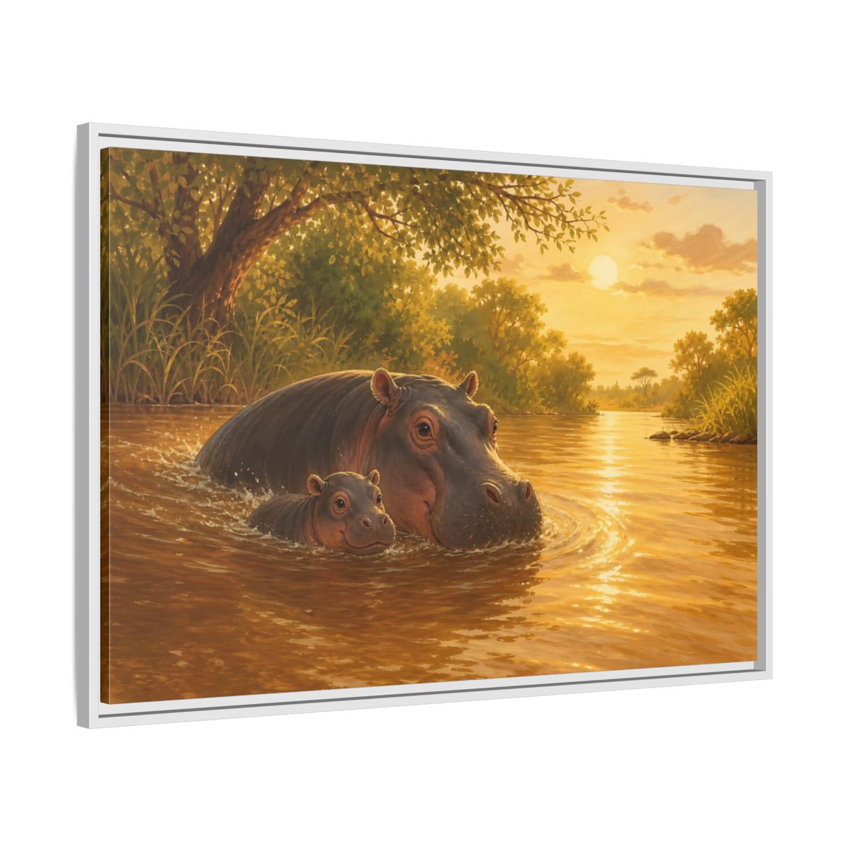 Side Mockup 9. Animals Hippos Golden Hippos shown as stretched canvas wall art