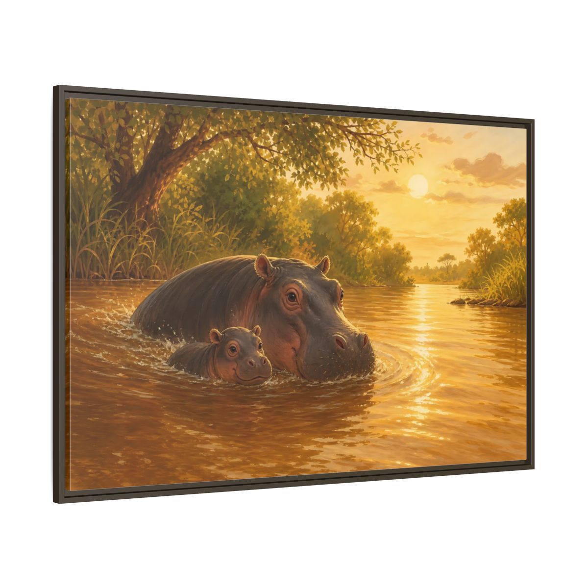 Side Mockup 8. Animals Hippos Golden Hippos shown as stretched canvas wall art