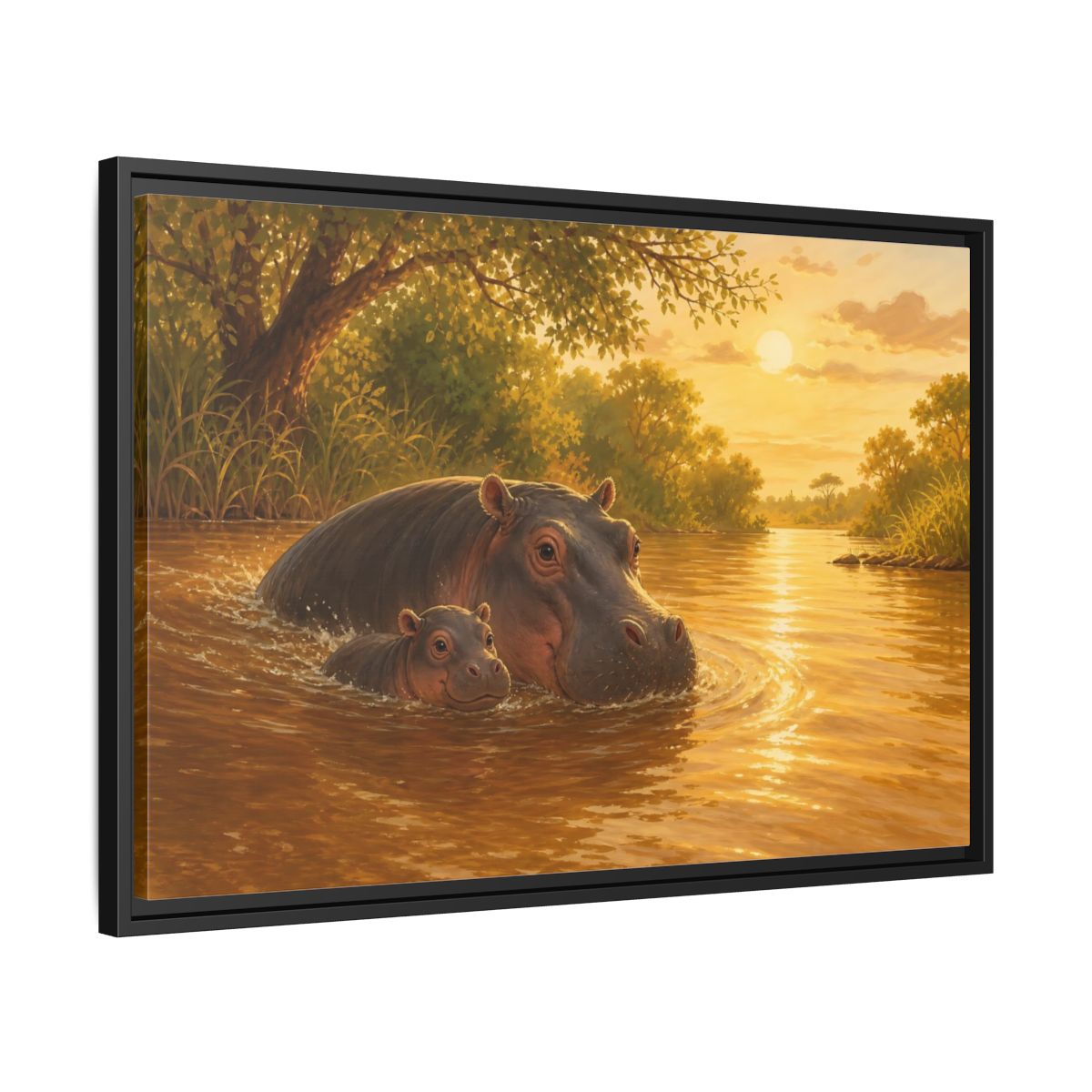 Side Mockup 14. Animals Hippos Golden Hippos shown as stretched canvas wall art