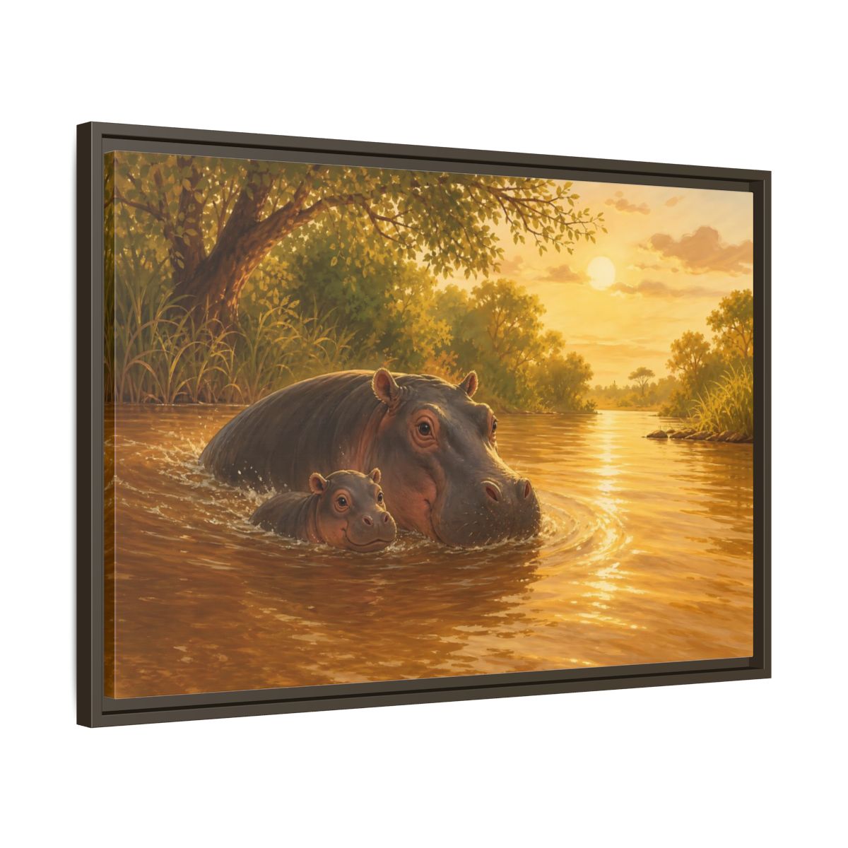 Side Mockup 11. Animals Hippos Golden Hippos shown as stretched canvas wall art