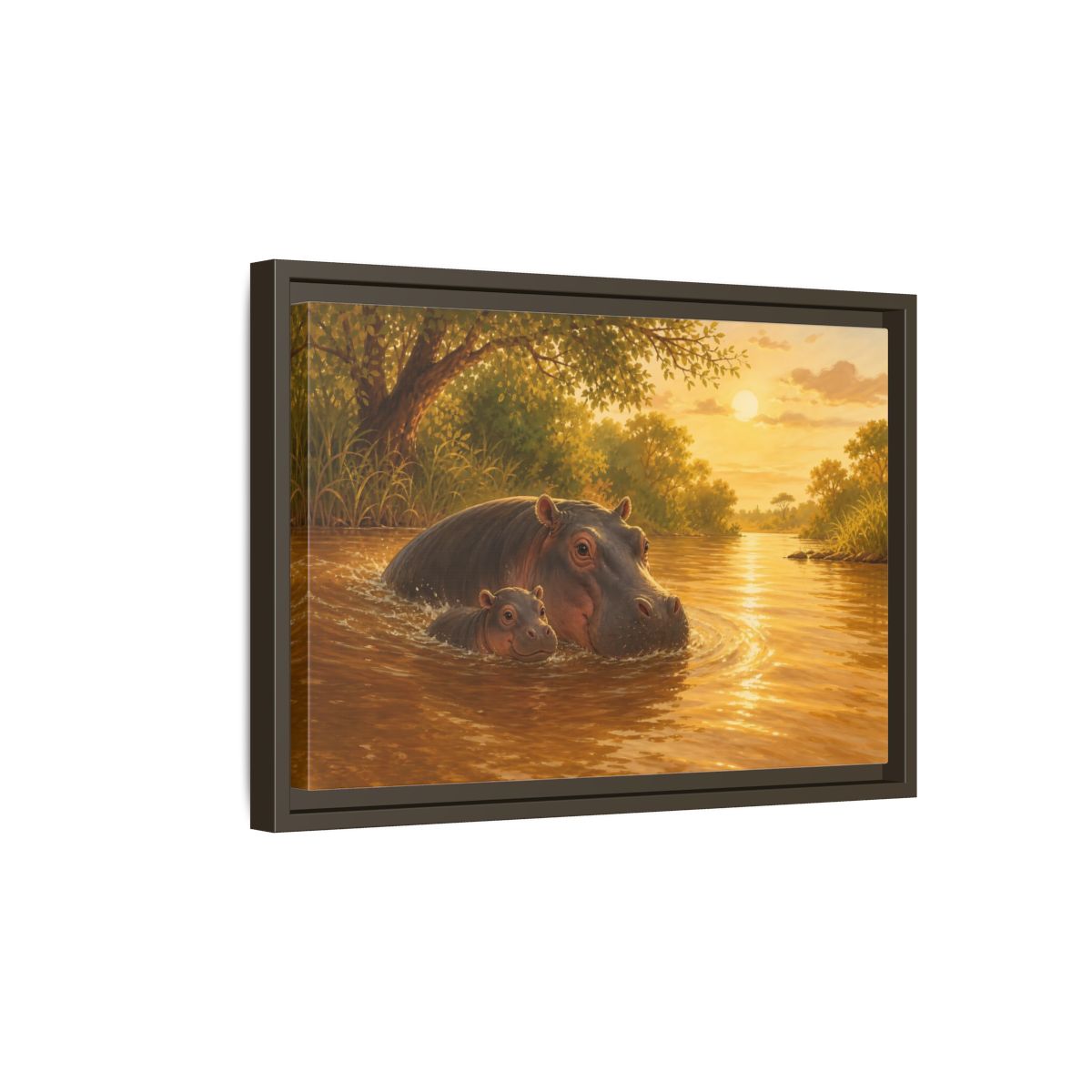 Side Mockup 5. Animals Hippos Golden Hippos shown as stretched canvas wall art