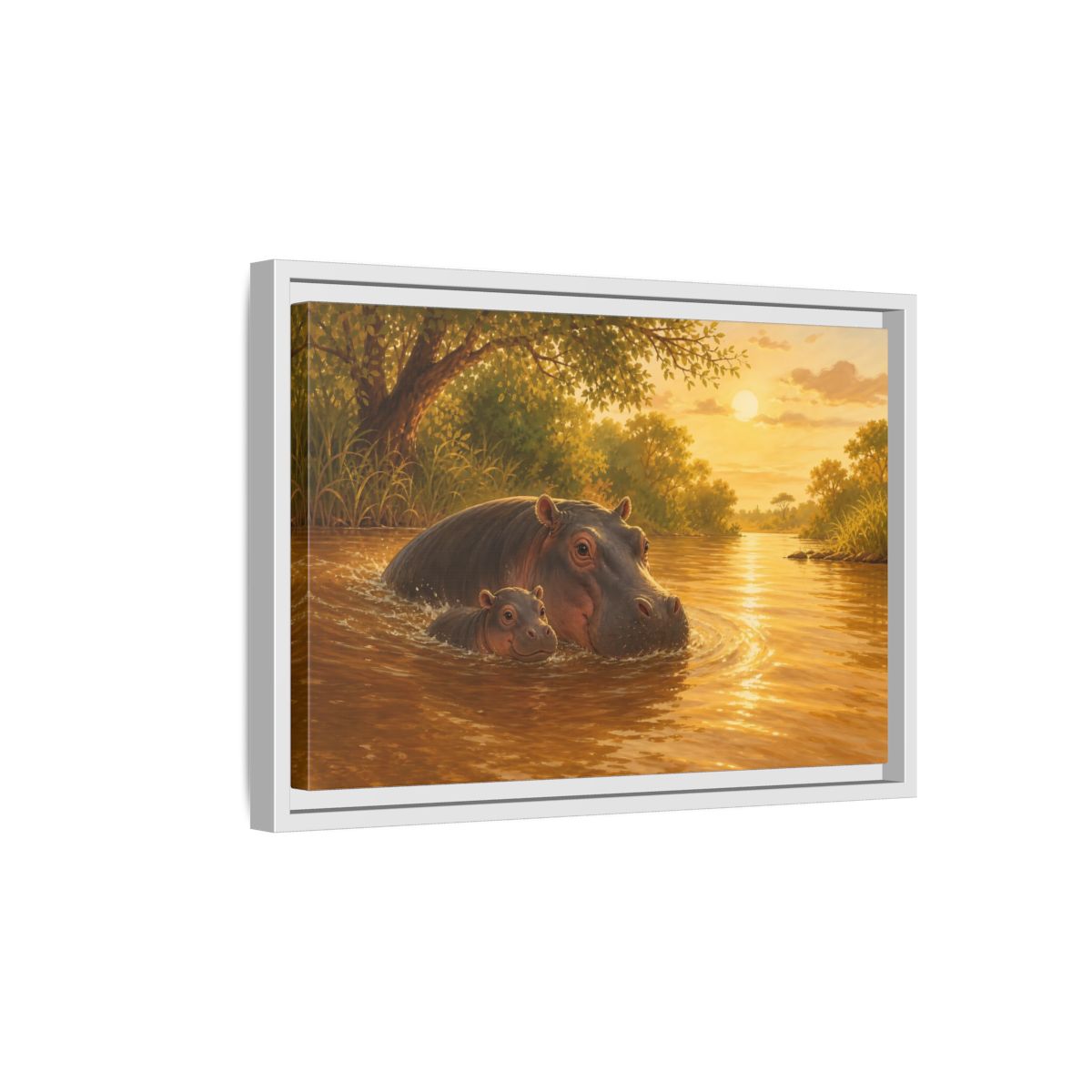 Side Mockup 4. Animals Hippos Golden Hippos shown as stretched canvas wall art