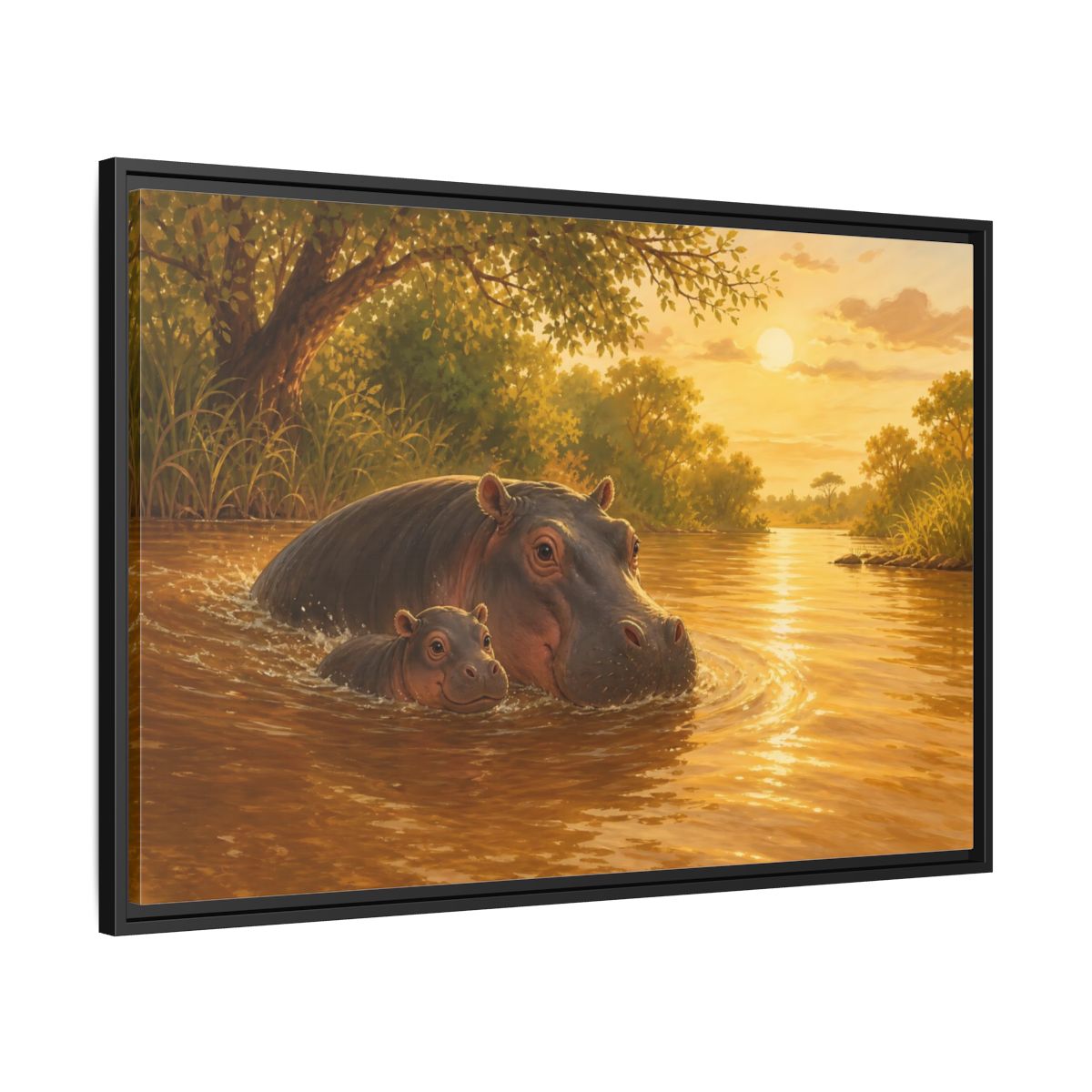 Side Mockup 13. Animals Hippos Golden Hippos shown as stretched canvas wall art