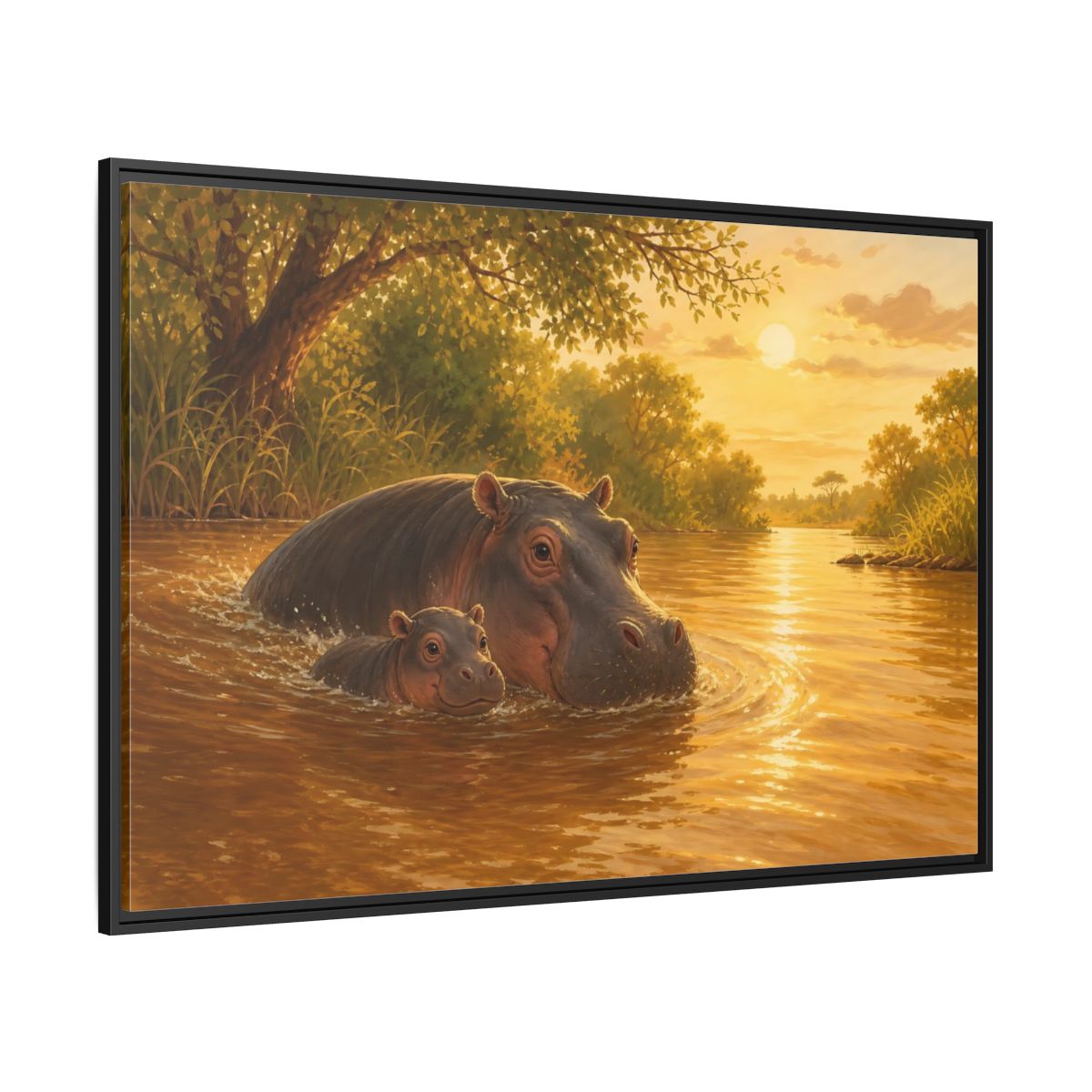 Side Mockup 12. Animals Hippos Golden Hippos shown as stretched canvas wall art
