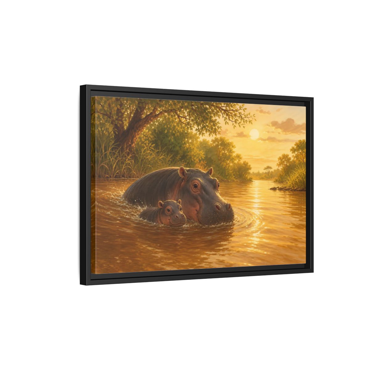 Side Mockup 3. Animals Hippos Golden Hippos shown as stretched canvas wall art