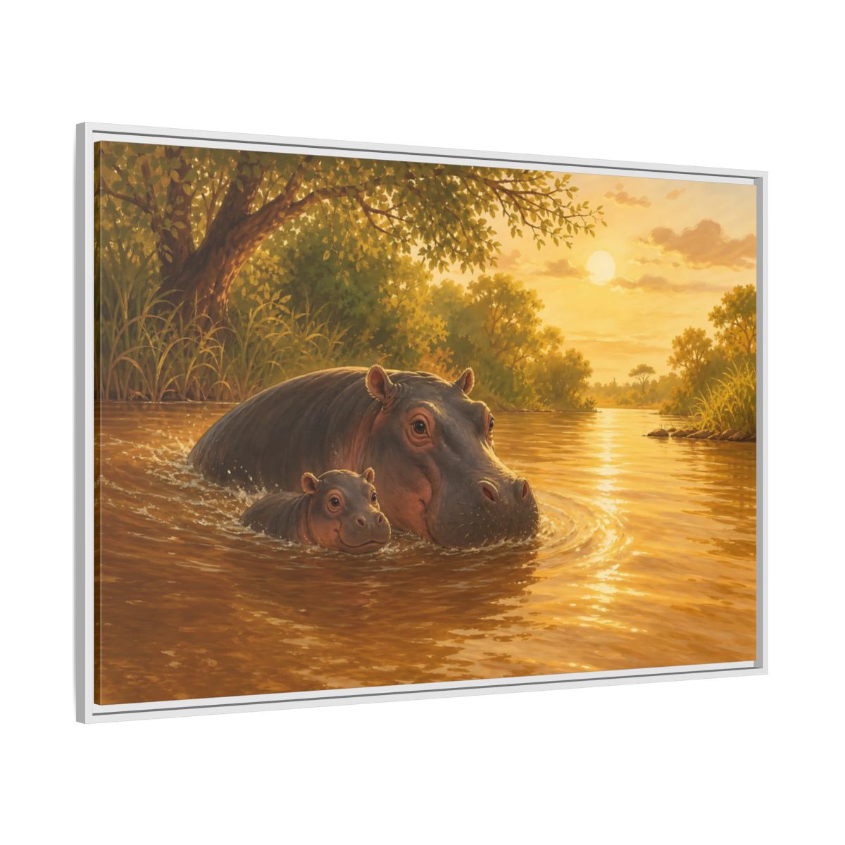 Side Mockup 7. Animals Hippos Golden Hippos shown as stretched canvas wall art