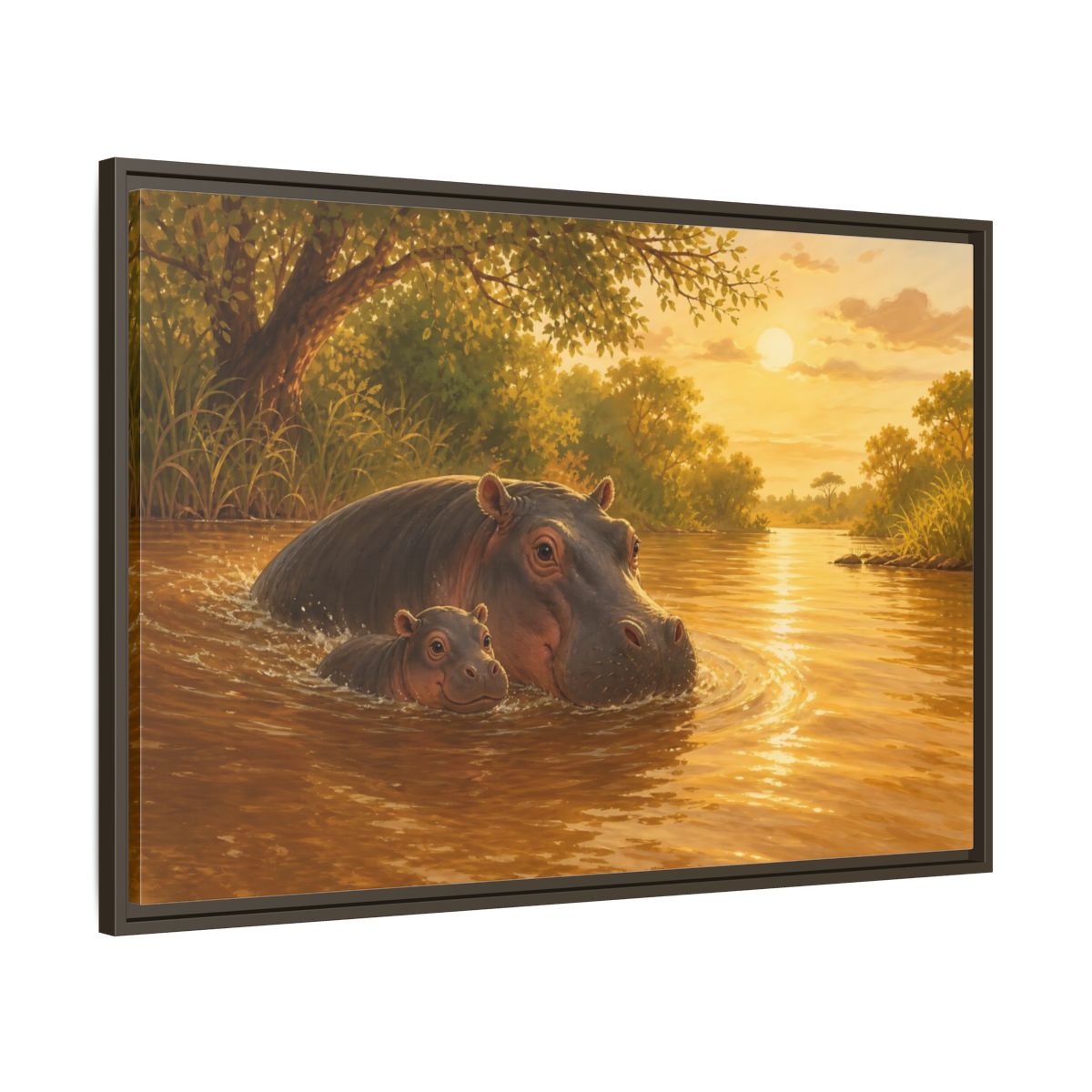 Main Mockup. Animals Hippos Golden Hippos shown as stretched canvas wall art
