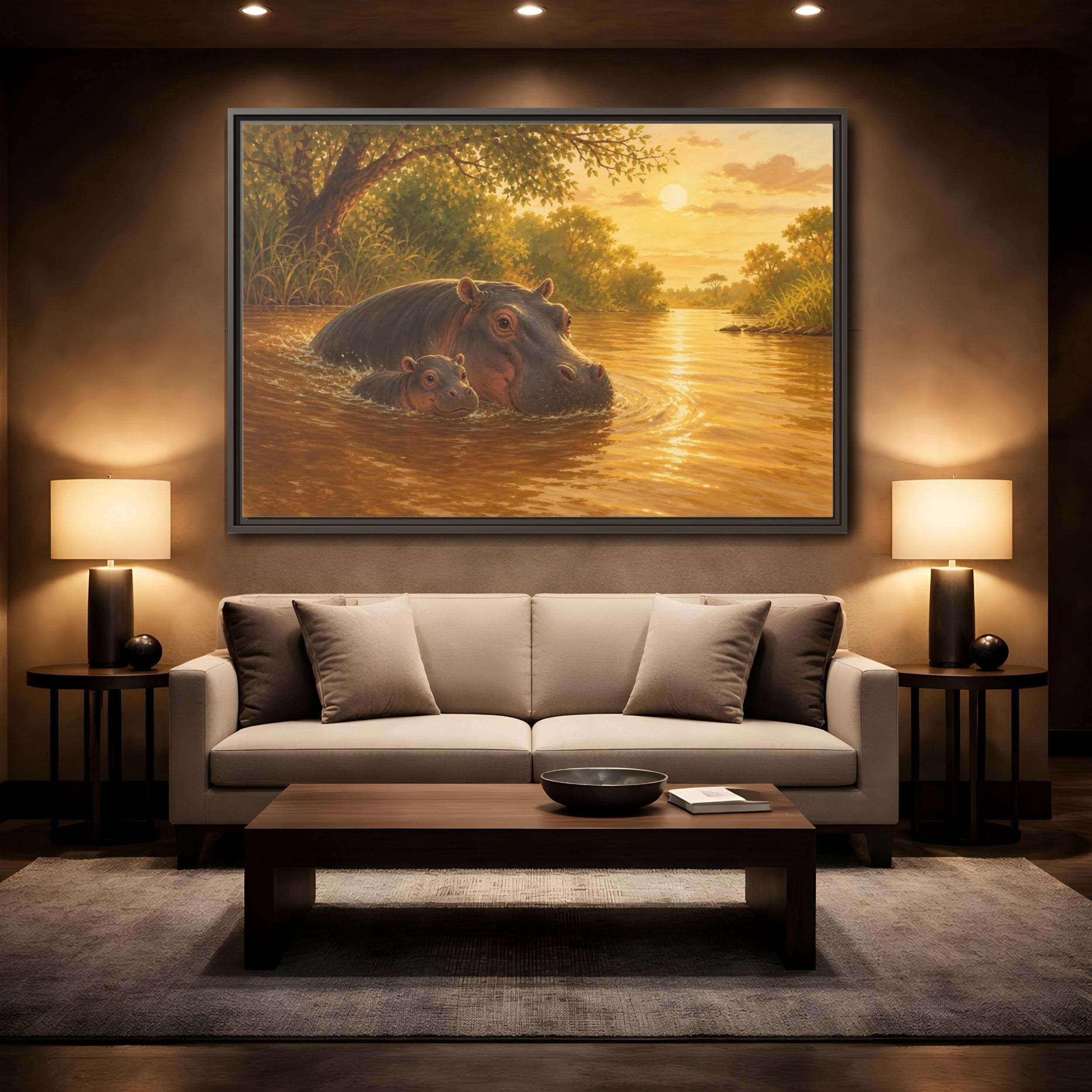Mockup 2. Animals Hippos Golden Hippos shown as stretched canvas wall art