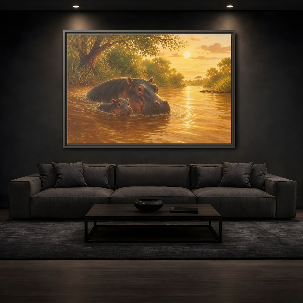 Mockup 3. Animals Hippos Golden Hippos shown as stretched canvas wall art