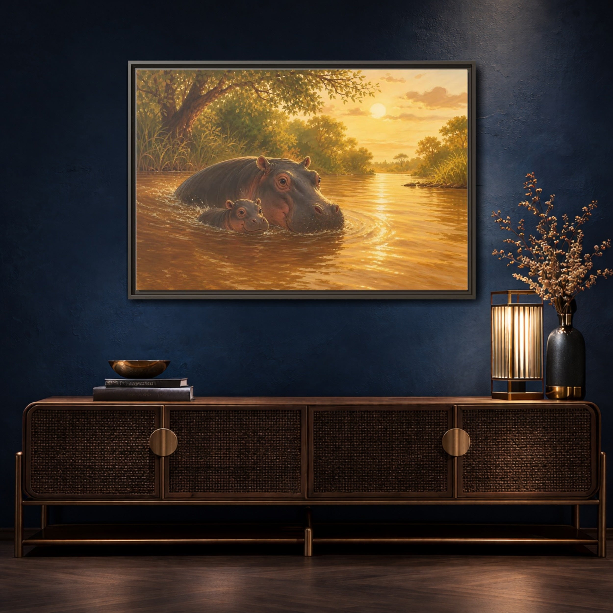 Mockup 4. Animals Hippos Golden Hippos shown as stretched canvas wall art