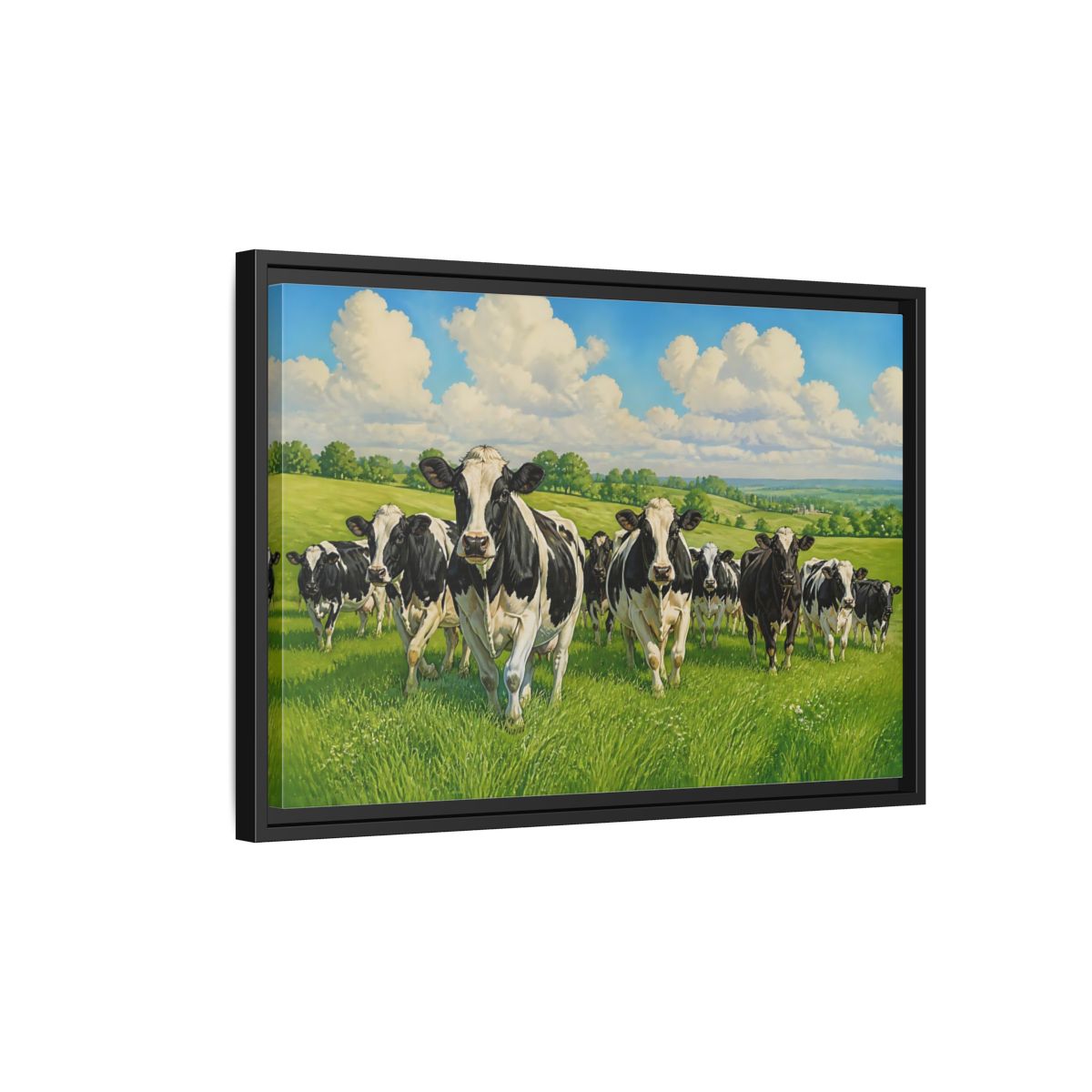 Side Mockup 3. Animals Holstein Cows Black And White Cows shown as stretched canvas wall art