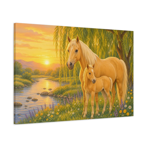 Main Mockup. Animals Horse And Foal Golden Horses shown as canvas print