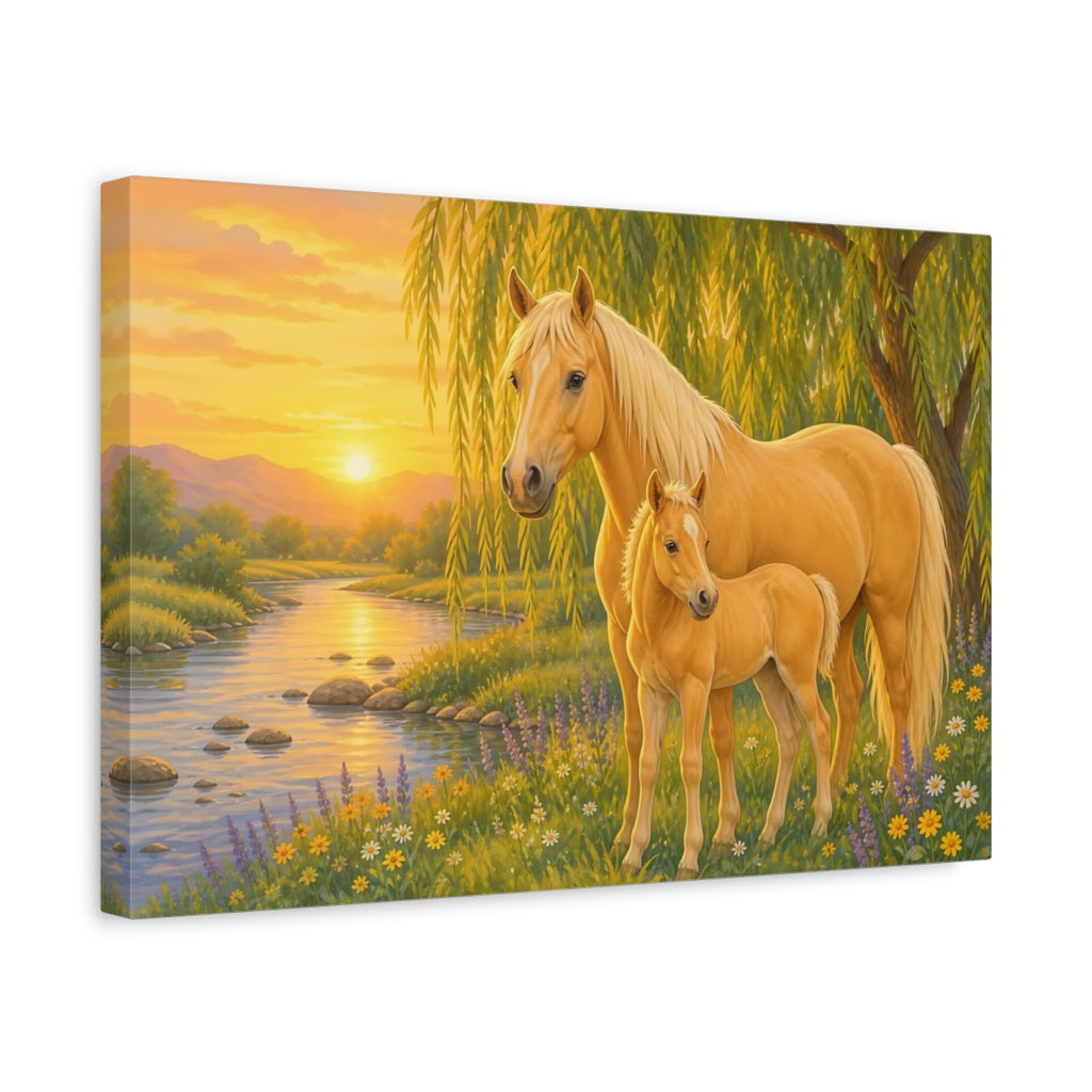 Side Mockup 4. Animals Horse And Foal Golden Horses shown as canvas print
